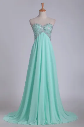 A Line Chiffon Sweetheart Open Back Beaded Bodice Prom Dresses