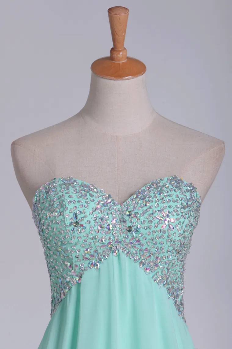 A Line Chiffon Sweetheart Open Back Beaded Bodice Prom Dresses