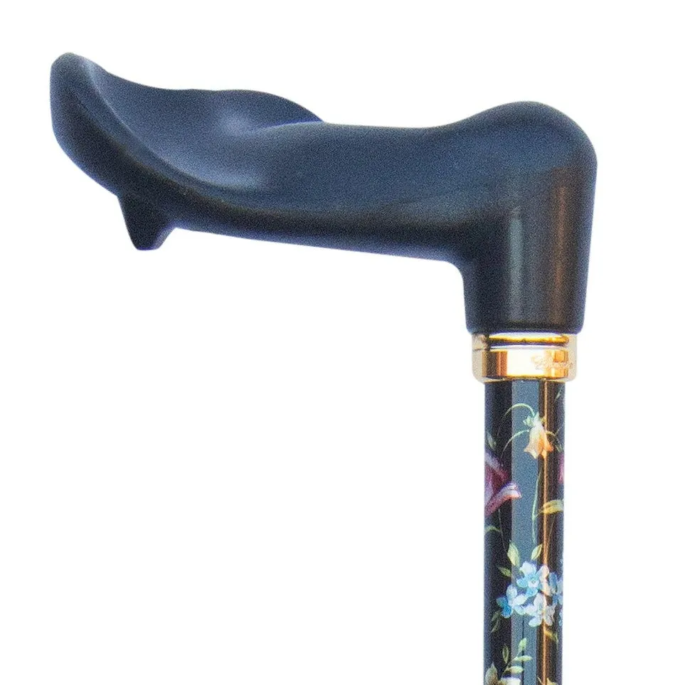 Adjustable Orthopaedic Cane Black Floral - Available in either Right or Left Hand