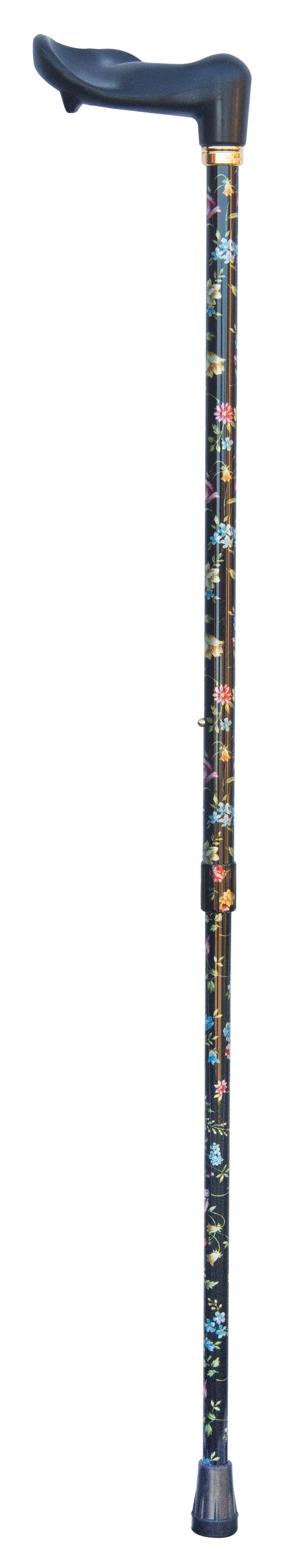 Adjustable Orthopaedic Cane Black Floral - Available in either Right or Left Hand