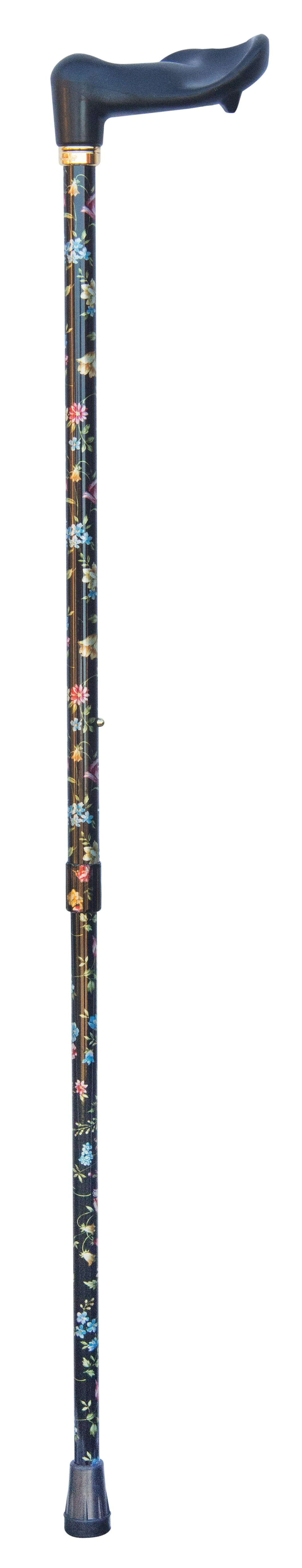 Adjustable Orthopaedic Cane Black Floral - Available in either Right or Left Hand