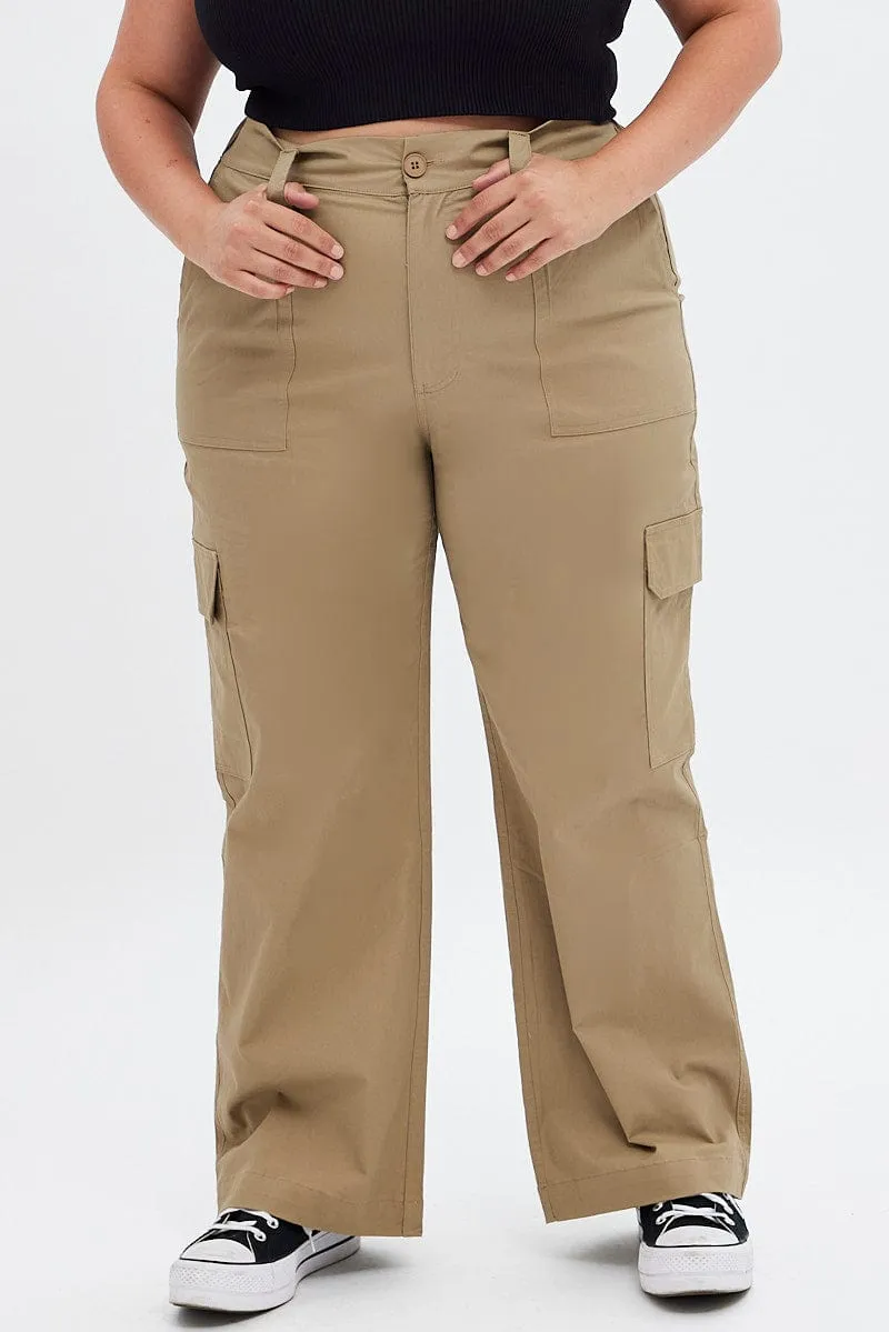Beige Mid Rise Wide Leg Cargo Pants