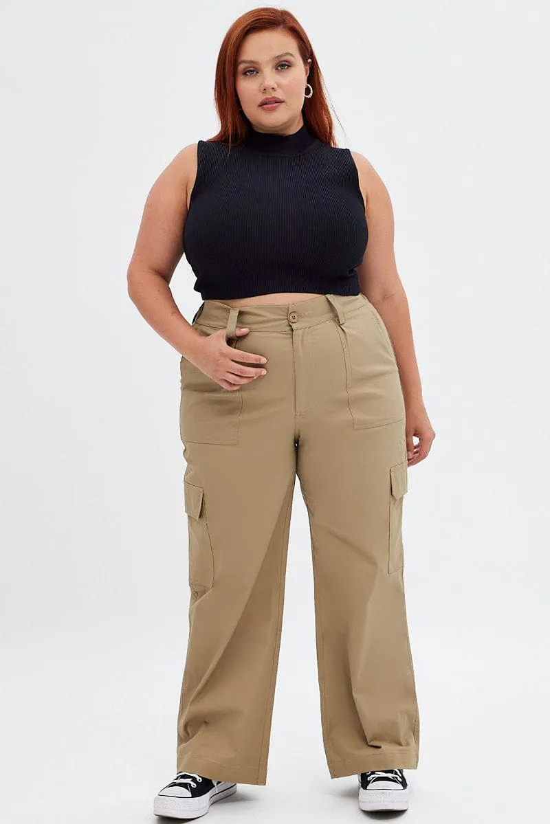 Beige Mid Rise Wide Leg Cargo Pants