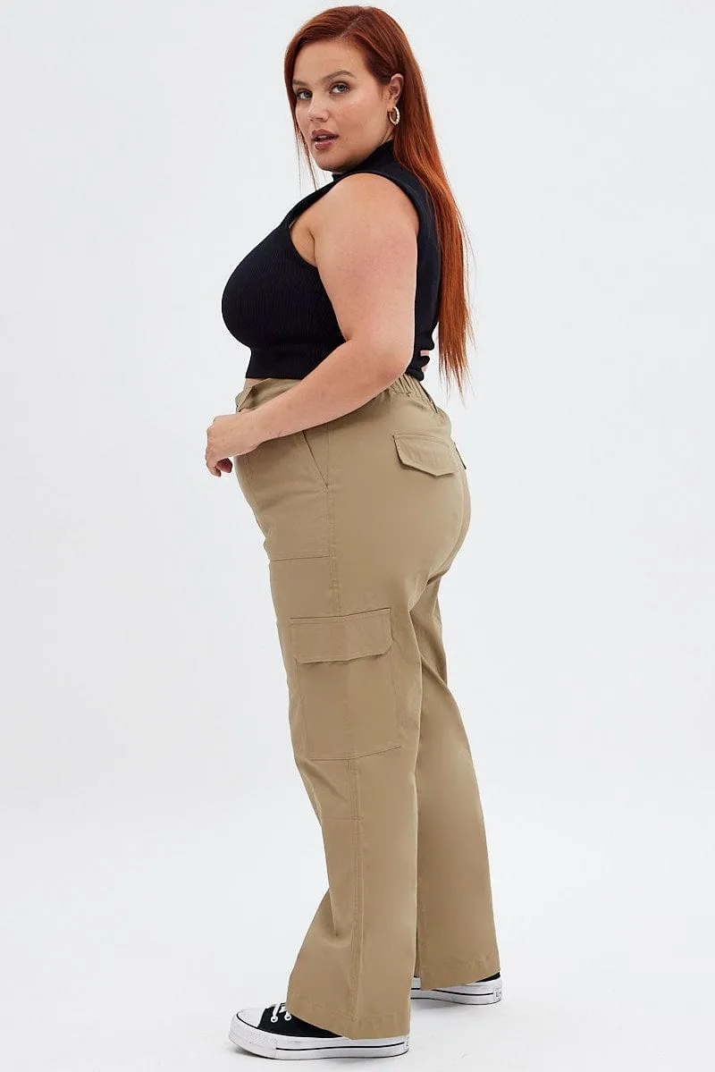 Beige Mid Rise Wide Leg Cargo Pants