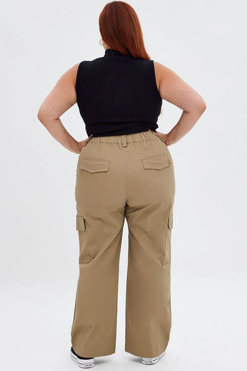 Beige Mid Rise Wide Leg Cargo Pants