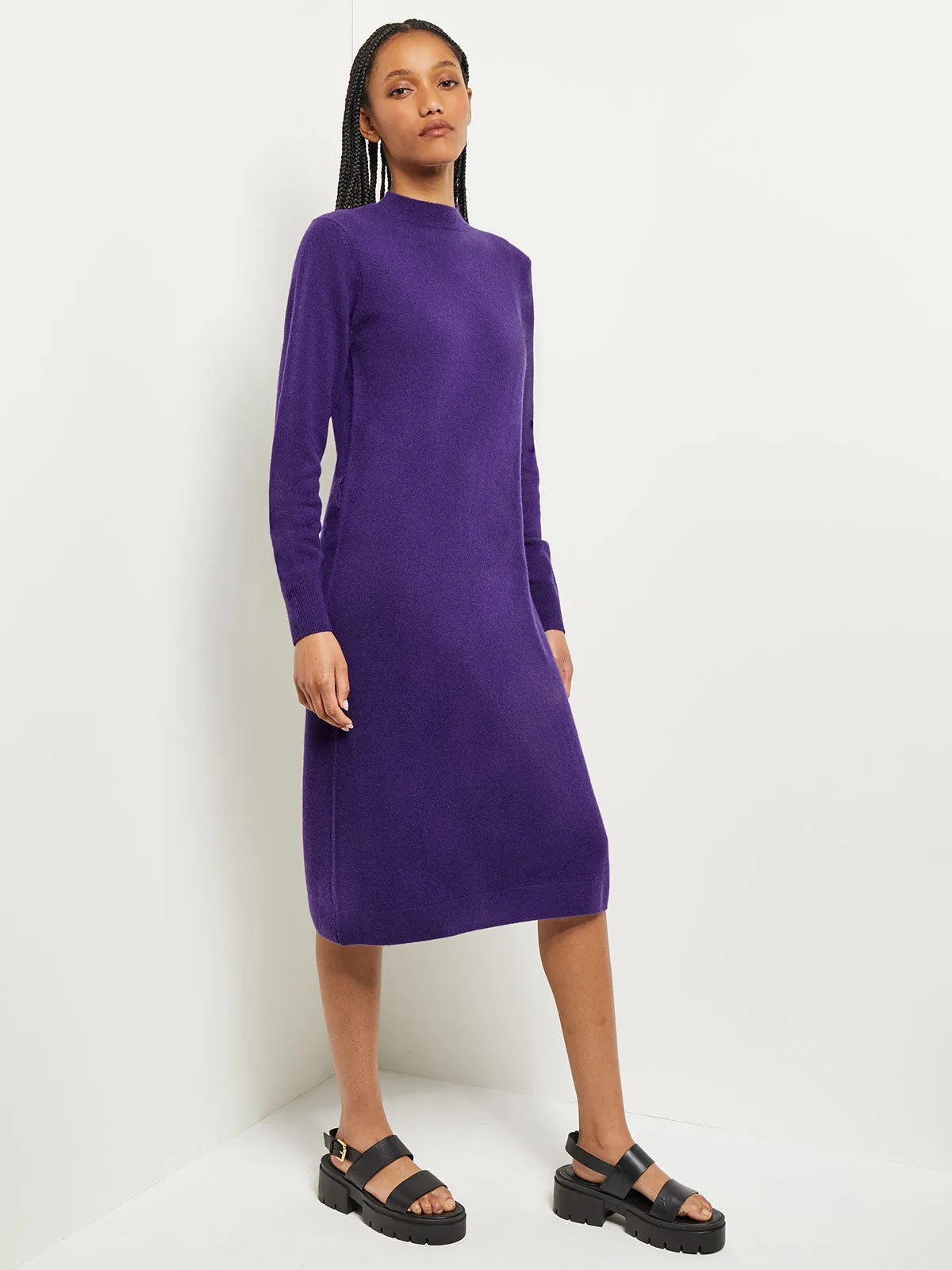 Belted Mock Neck Cashmere Dress, Parachute Purple