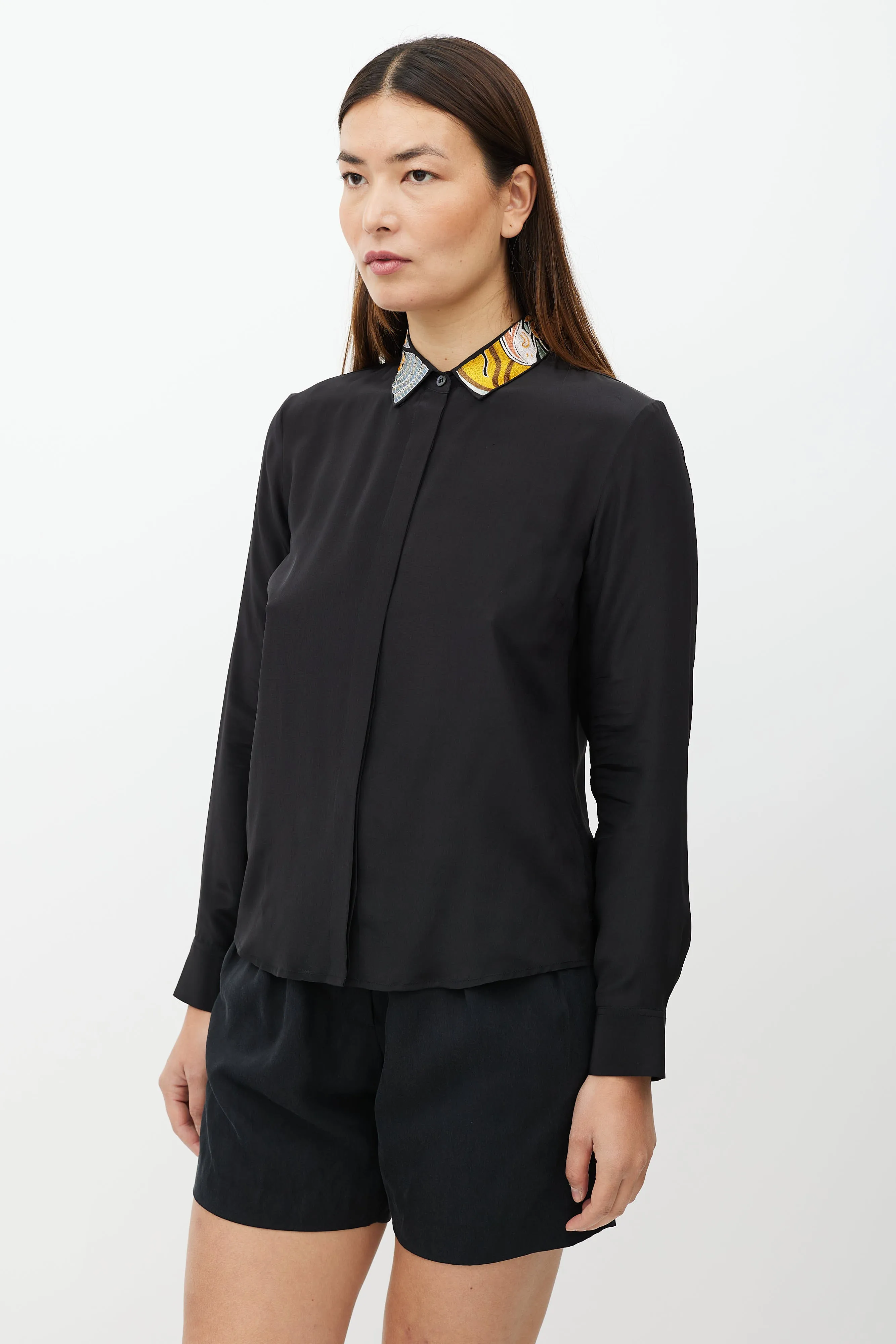 Black & Multicolour Embroidered Collar Shirt