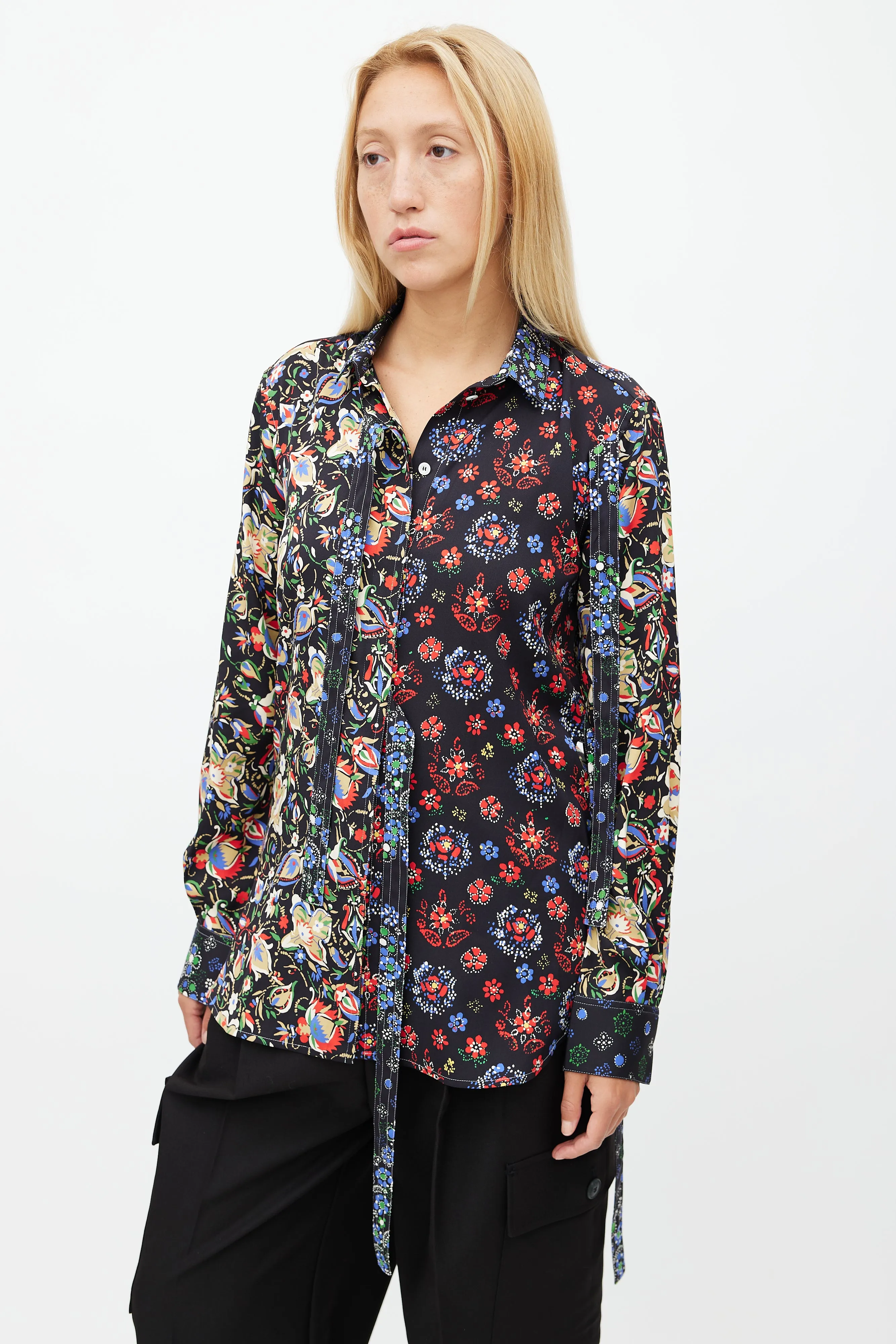 Black & Multicolour Floral Silk Shirt