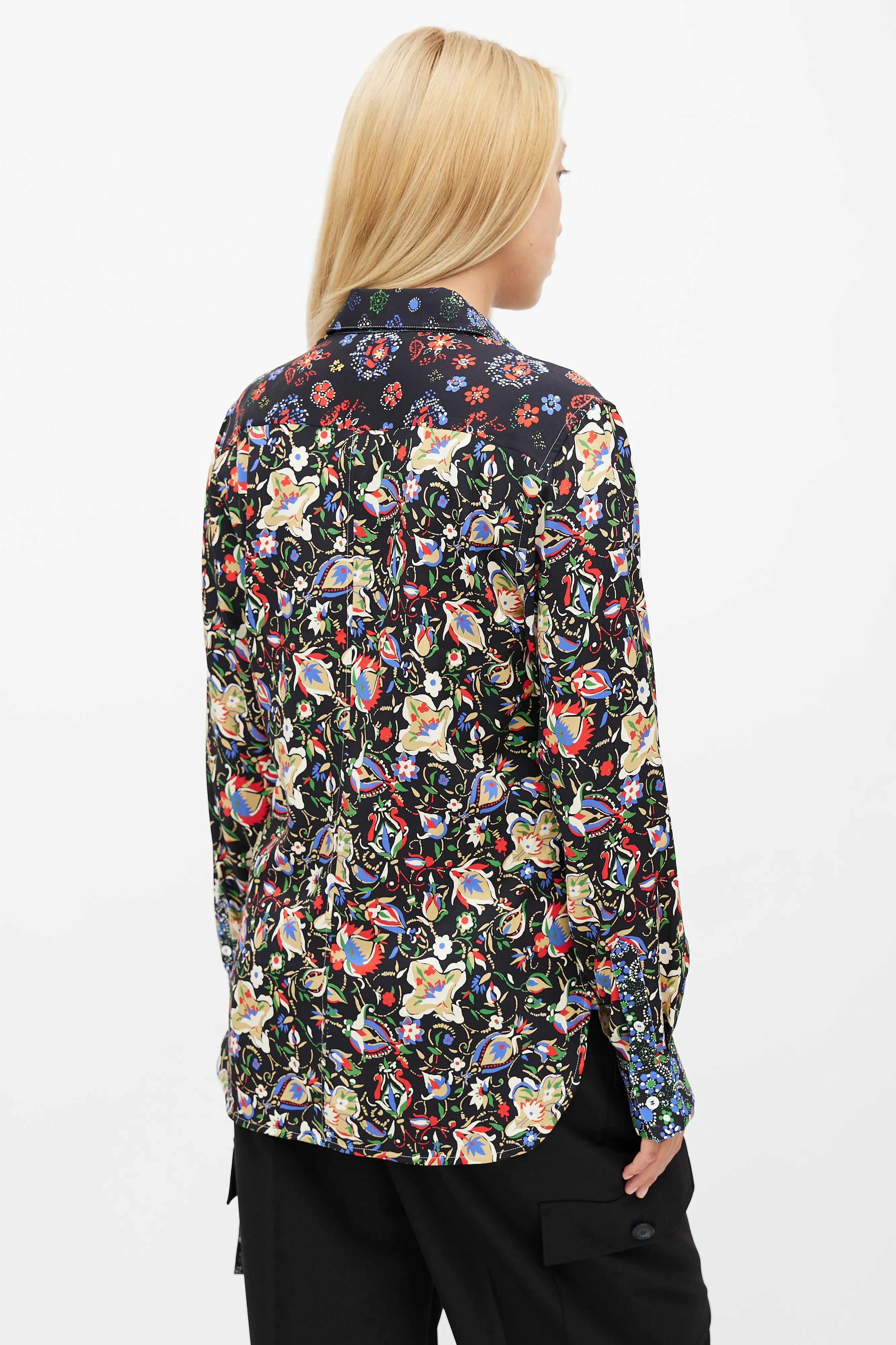 Black & Multicolour Floral Silk Shirt