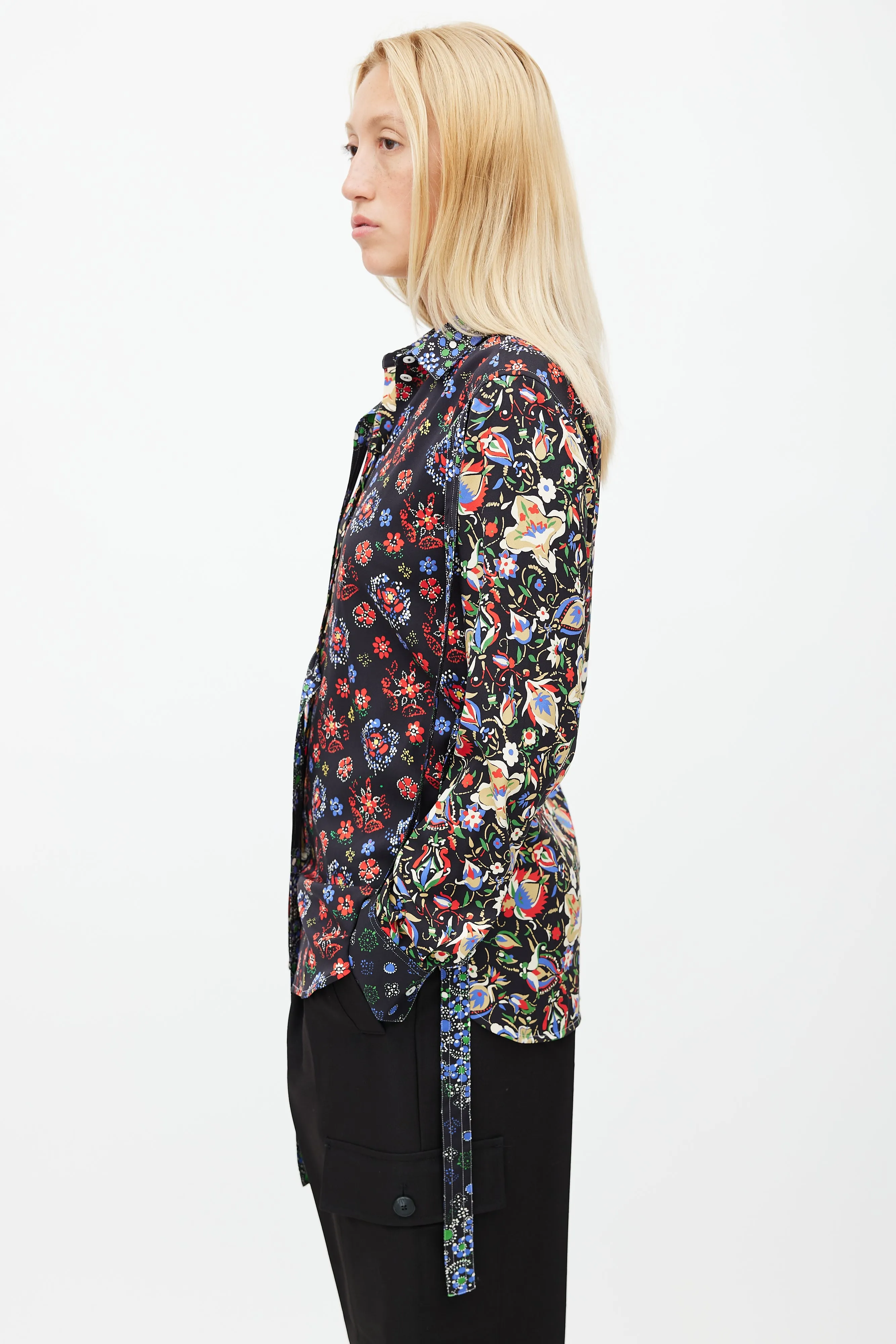 Black & Multicolour Floral Silk Shirt