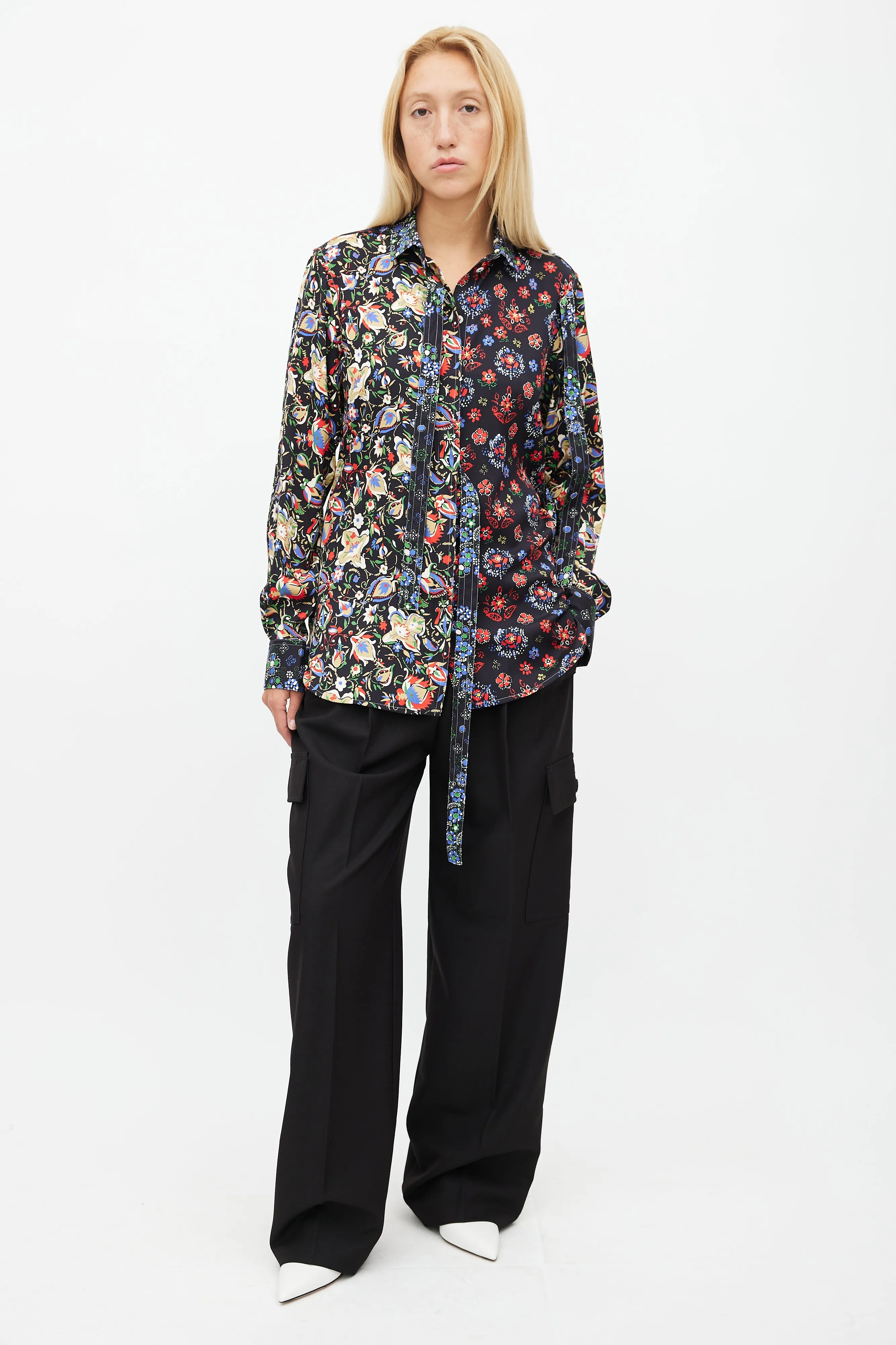 Black & Multicolour Floral Silk Shirt