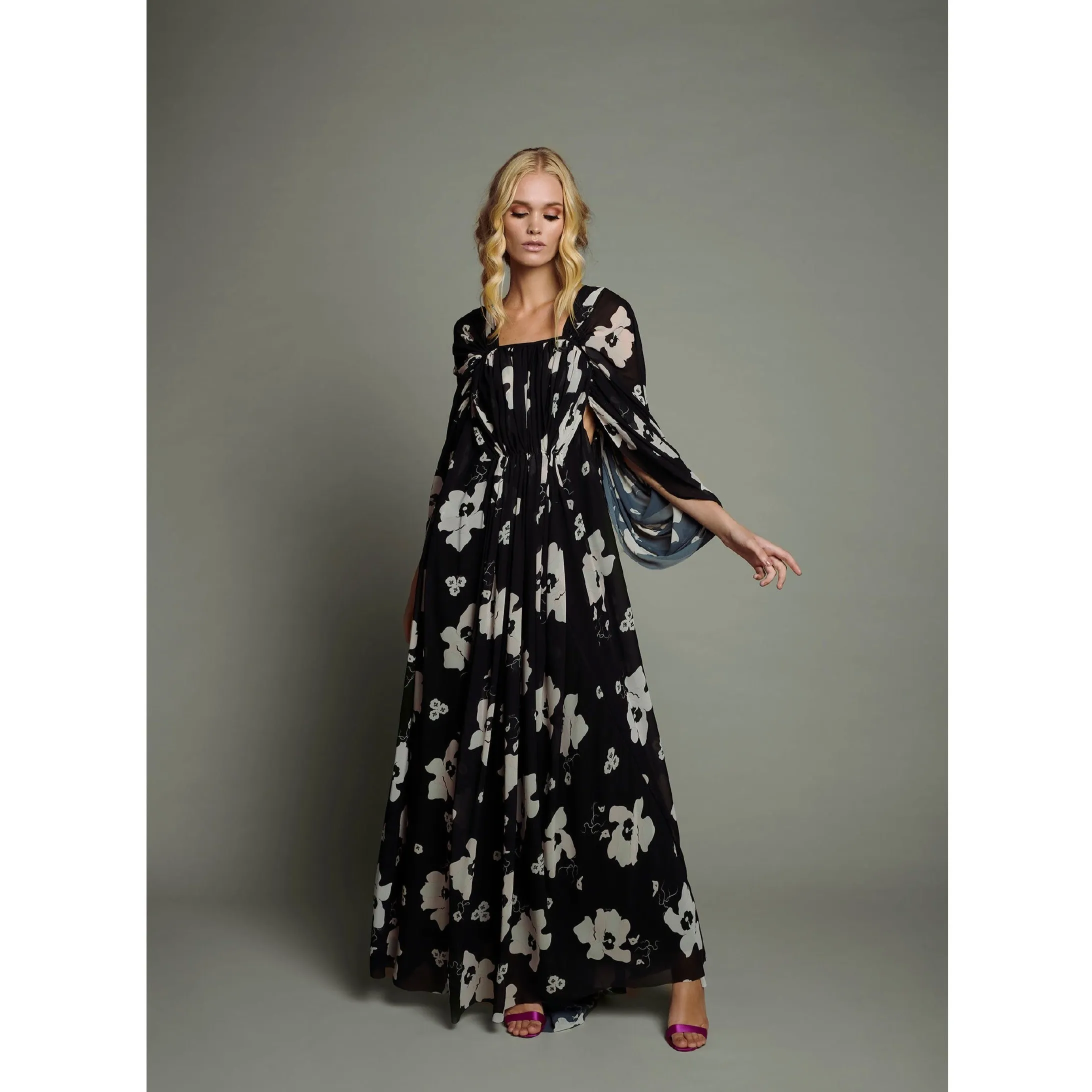 Black and Pink Draped Sleeve Chiffon Maxi Dress