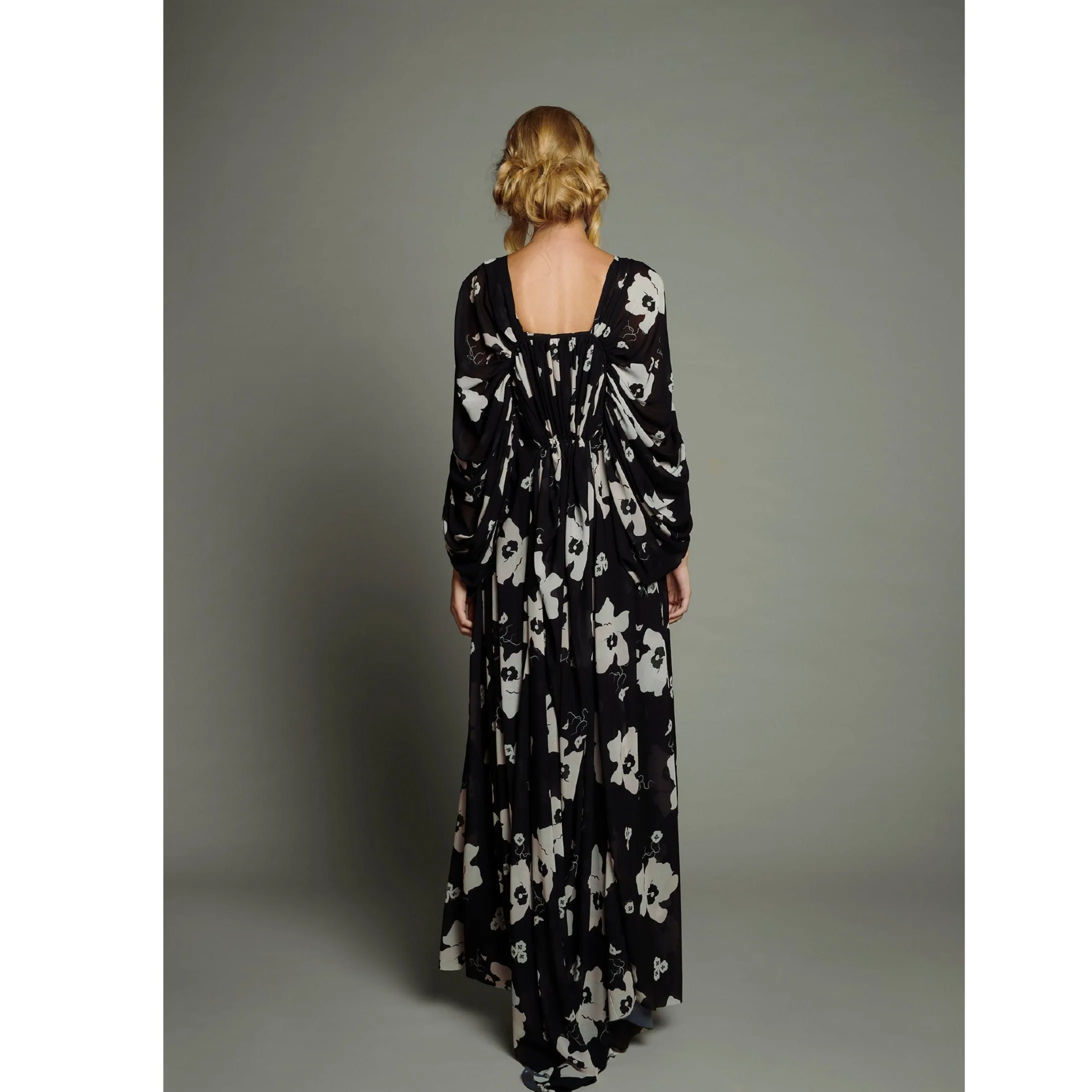 Black and Pink Draped Sleeve Chiffon Maxi Dress