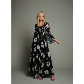 Black and Pink Draped Sleeve Chiffon Maxi Dress