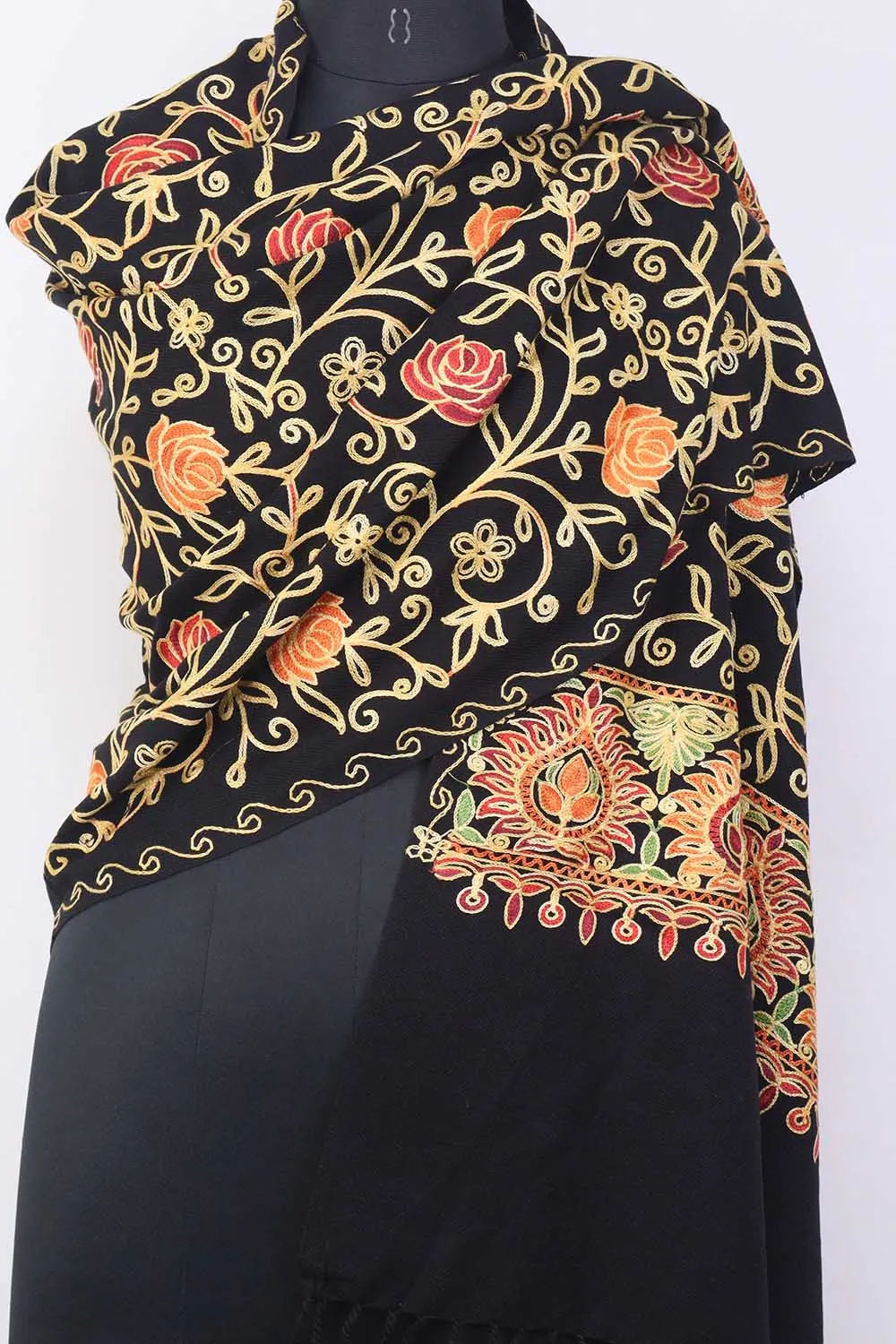 Black Embroidered Kashmiri Aari Work Woollen Stole