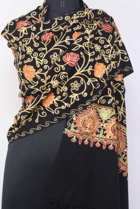 Black Embroidered Kashmiri Aari Work Woollen Stole