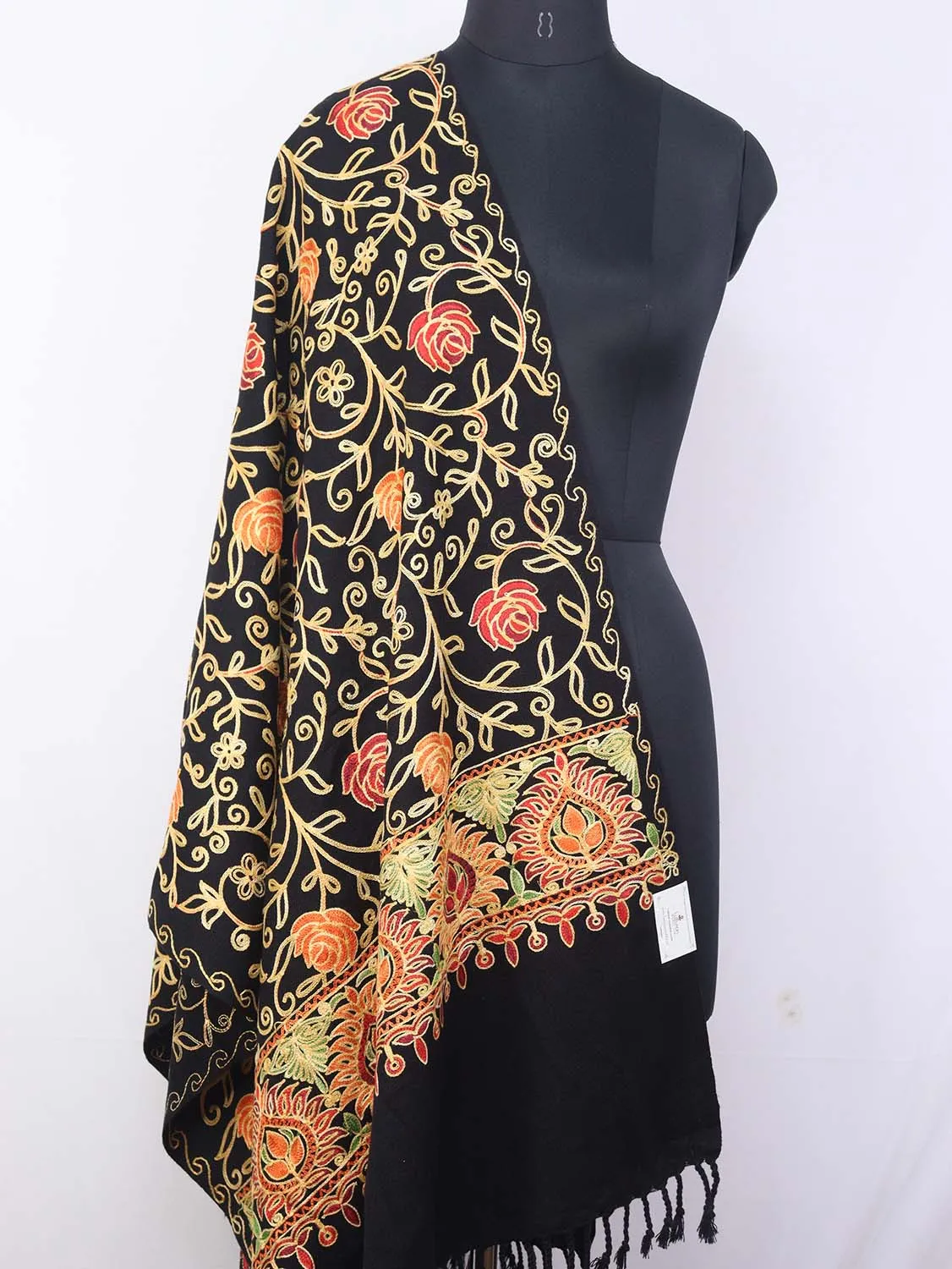 Black Embroidered Kashmiri Aari Work Woollen Stole