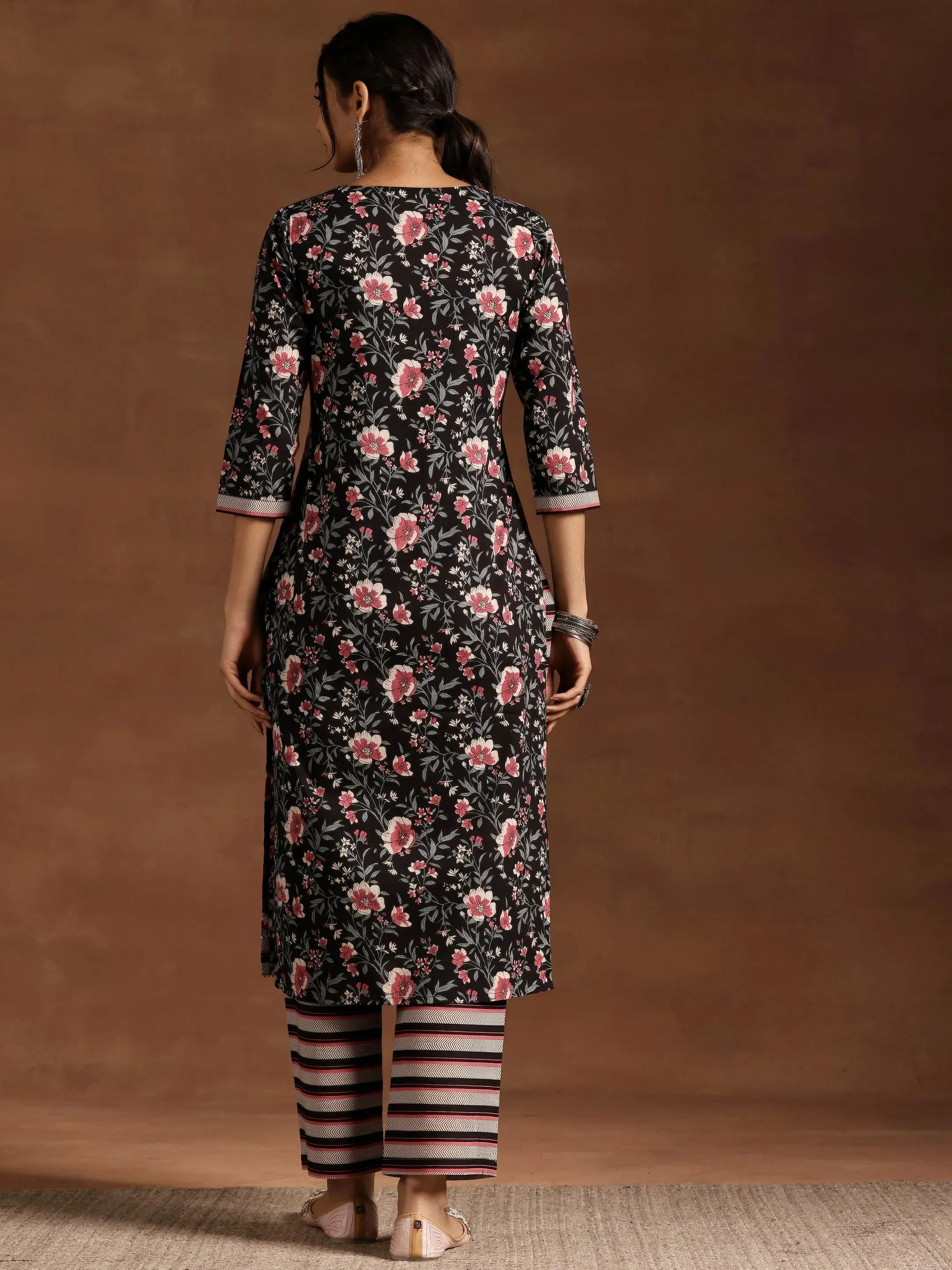 Black Printed Cotton Straight Kurta Set