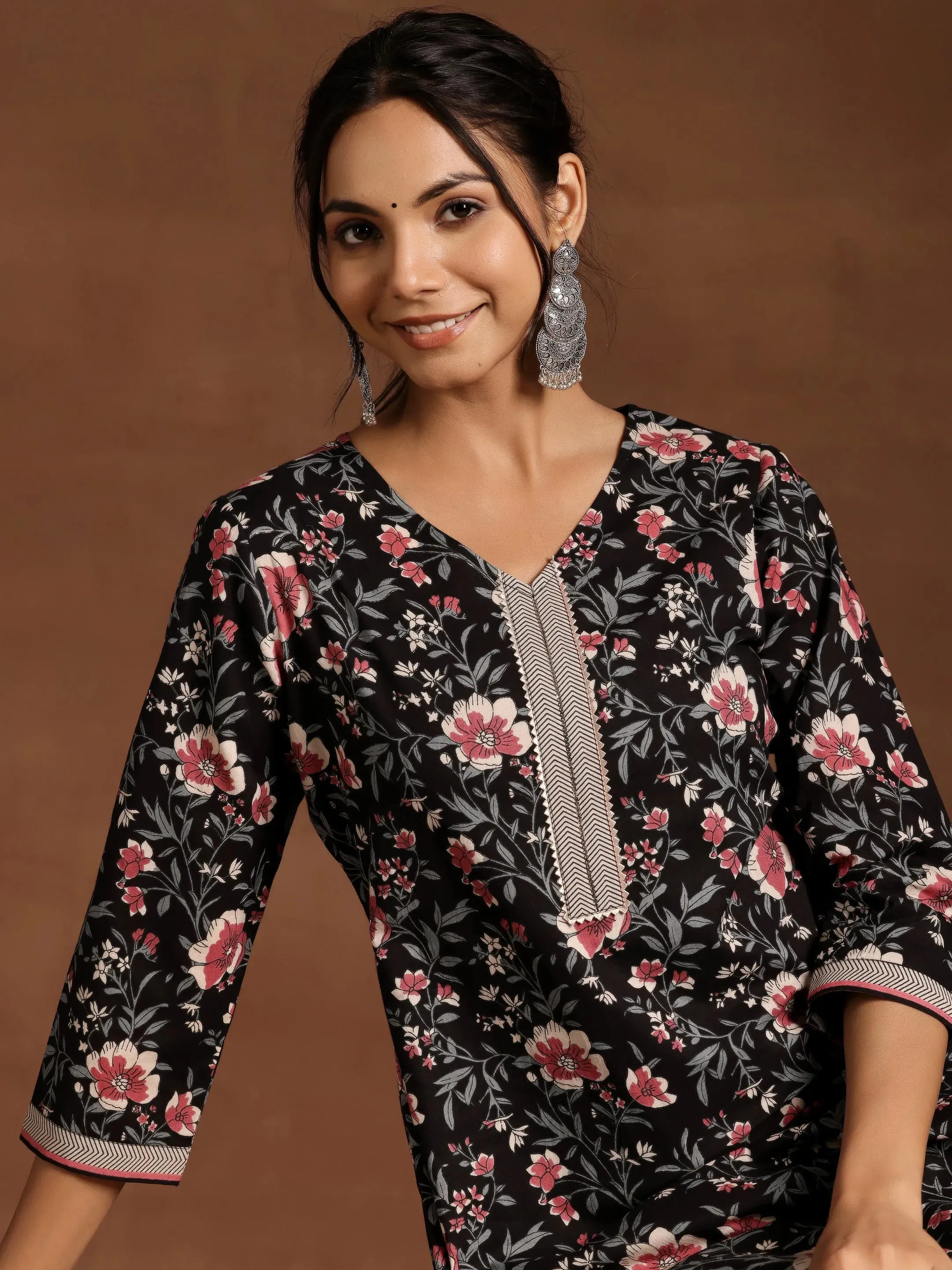 Black Printed Cotton Straight Kurta Set