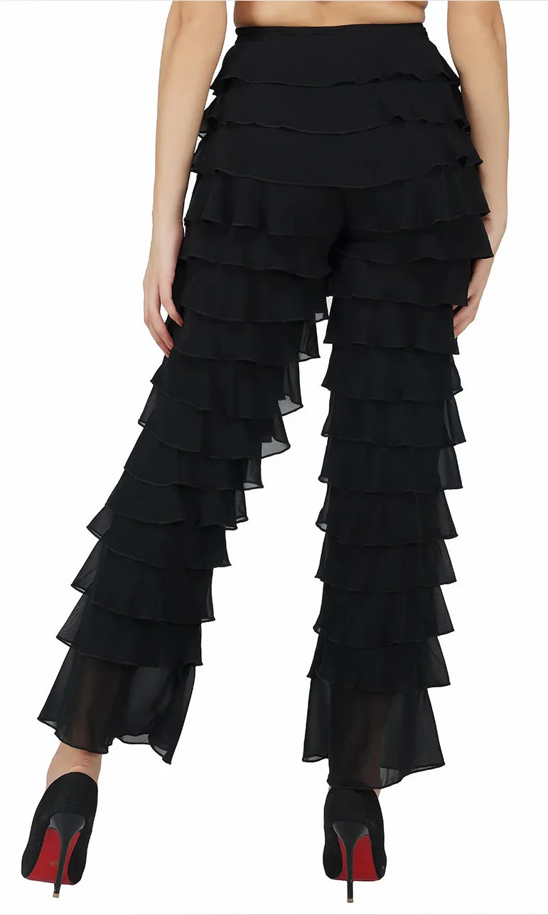 Black Ruffled Straight Legged Pants