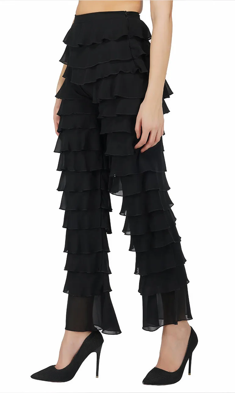Black Ruffled Straight Legged Pants