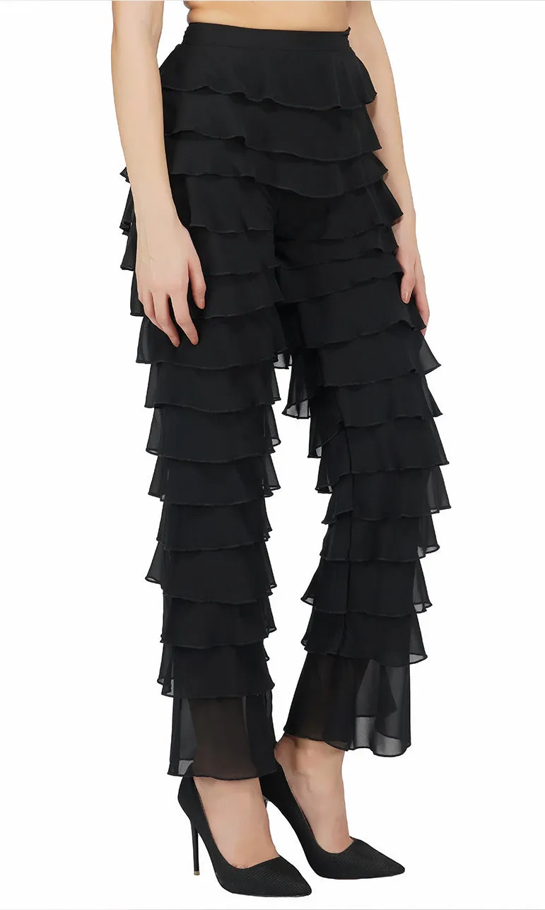 Black Ruffled Straight Legged Pants