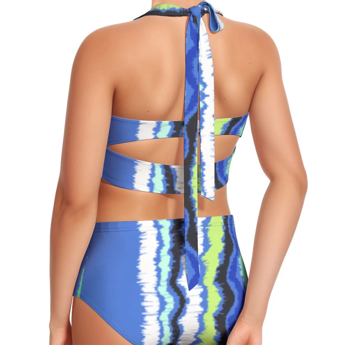 Blue Green Women's Swimsuit Set With Halter AOP