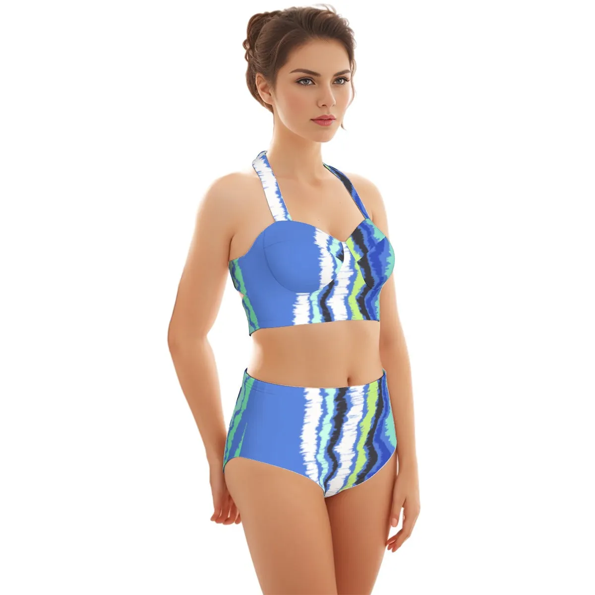 Blue Green Women's Swimsuit Set With Halter AOP