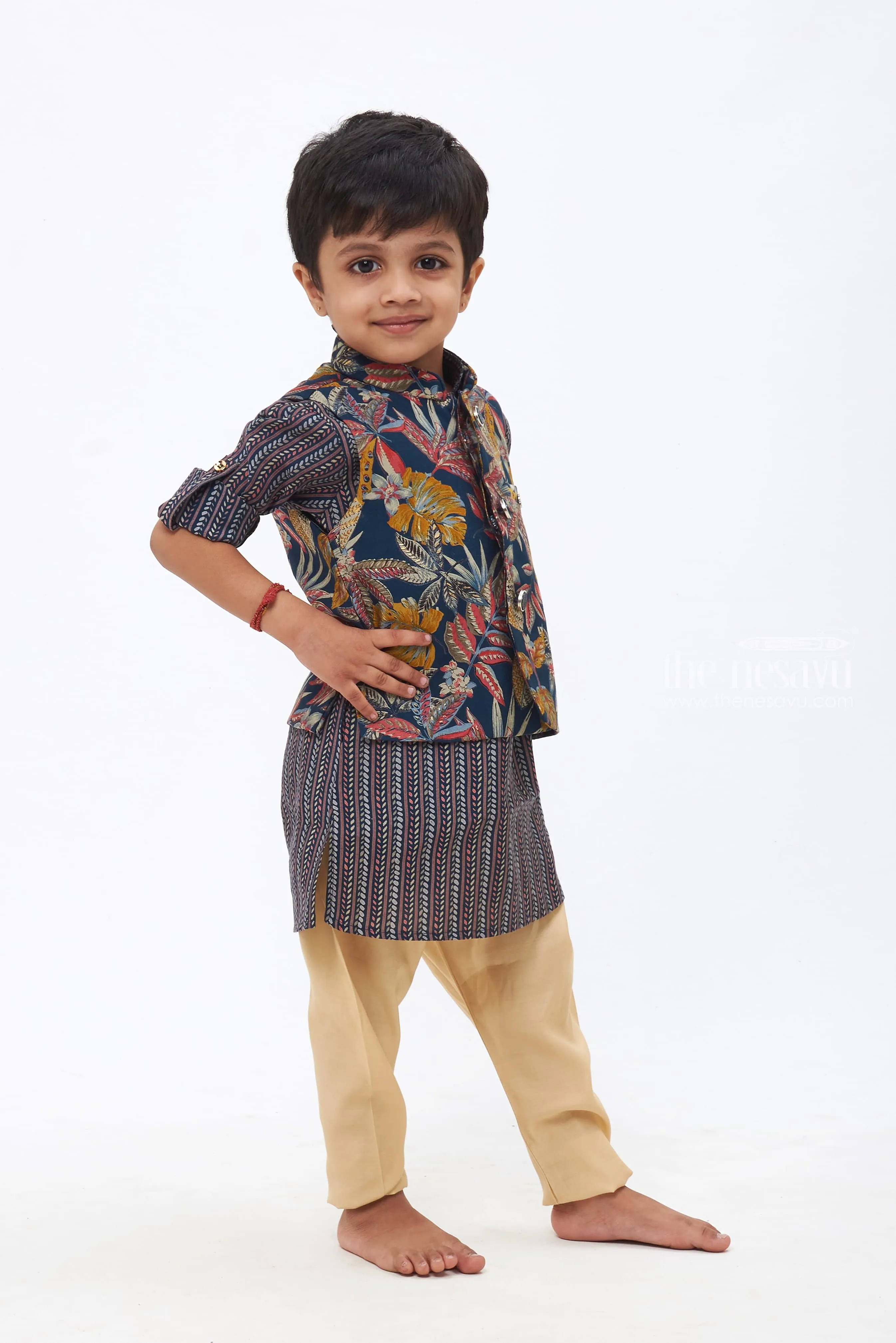 Boys Navy Blue Tropical Leaf Printed Kurtha with Striped Jacket & Beige Trousers