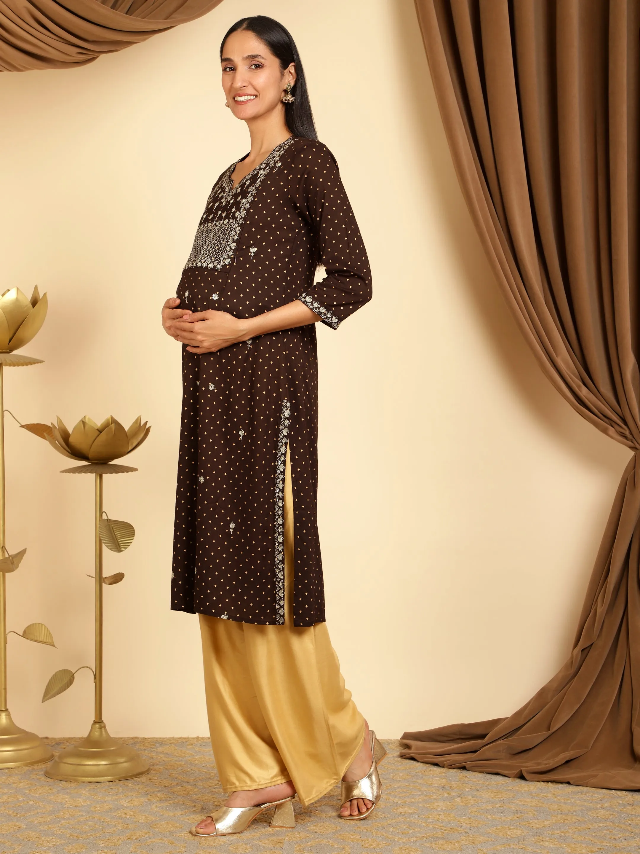 Brown sequins embroidered maternity kurti