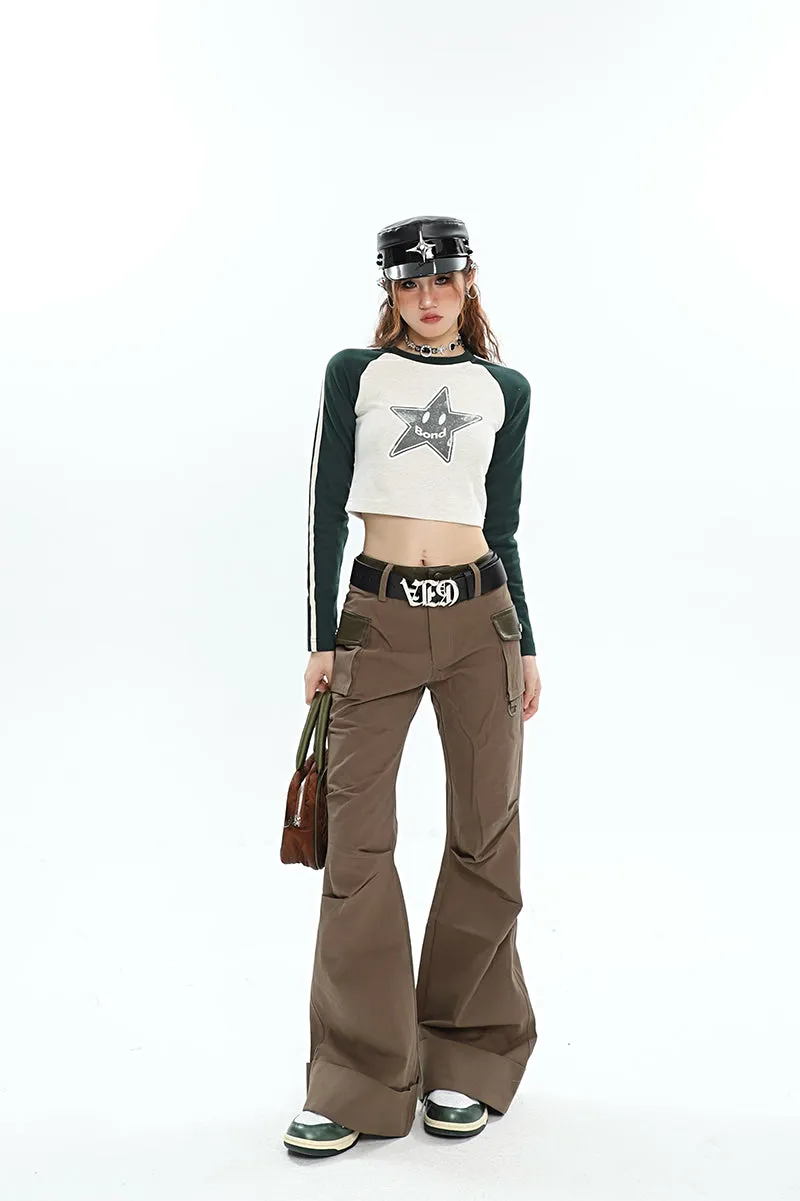 Brynn Solid Color Brown Multi Pocket Flare Pants