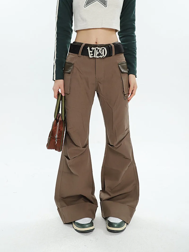 Brynn Solid Color Brown Multi Pocket Flare Pants