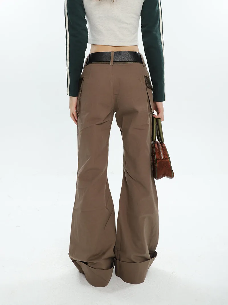 Brynn Solid Color Brown Multi Pocket Flare Pants