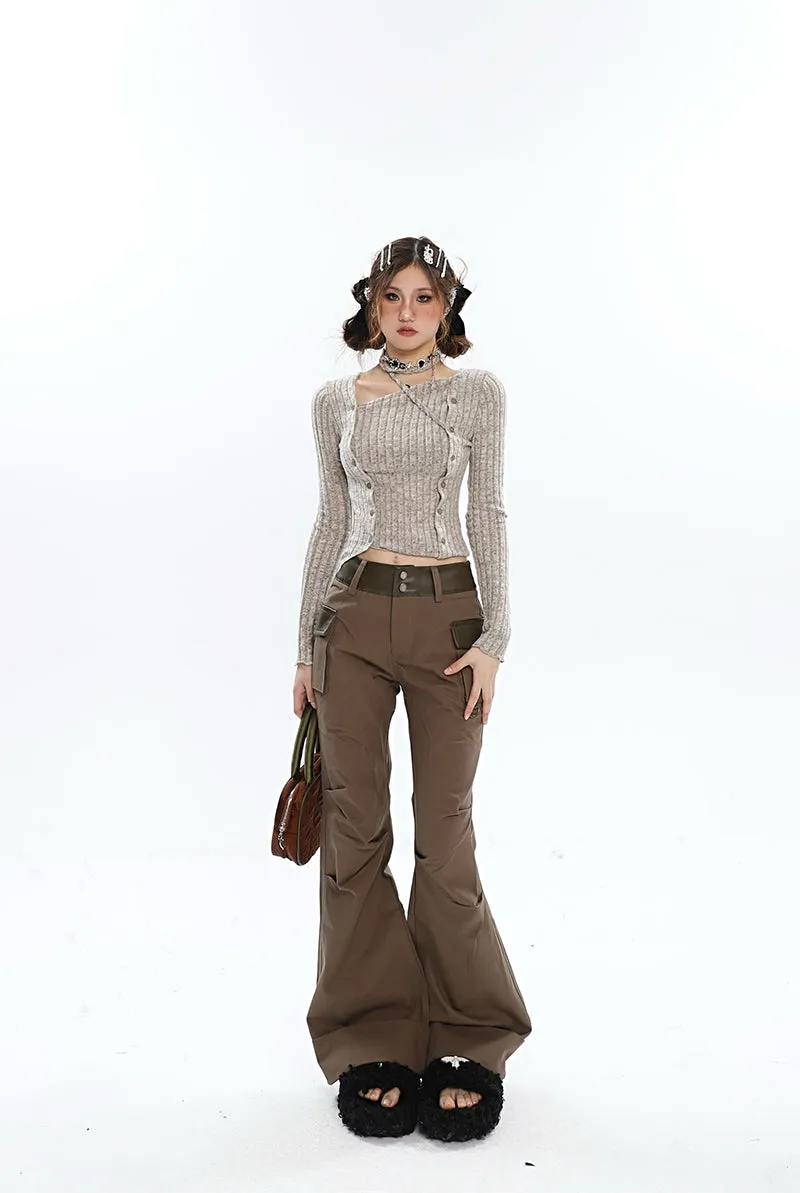 Brynn Solid Color Brown Multi Pocket Flare Pants