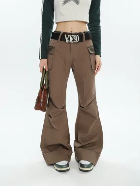 Brynn Solid Color Brown Multi Pocket Flare Pants