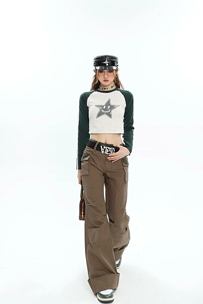 Brynn Solid Color Brown Multi Pocket Flare Pants