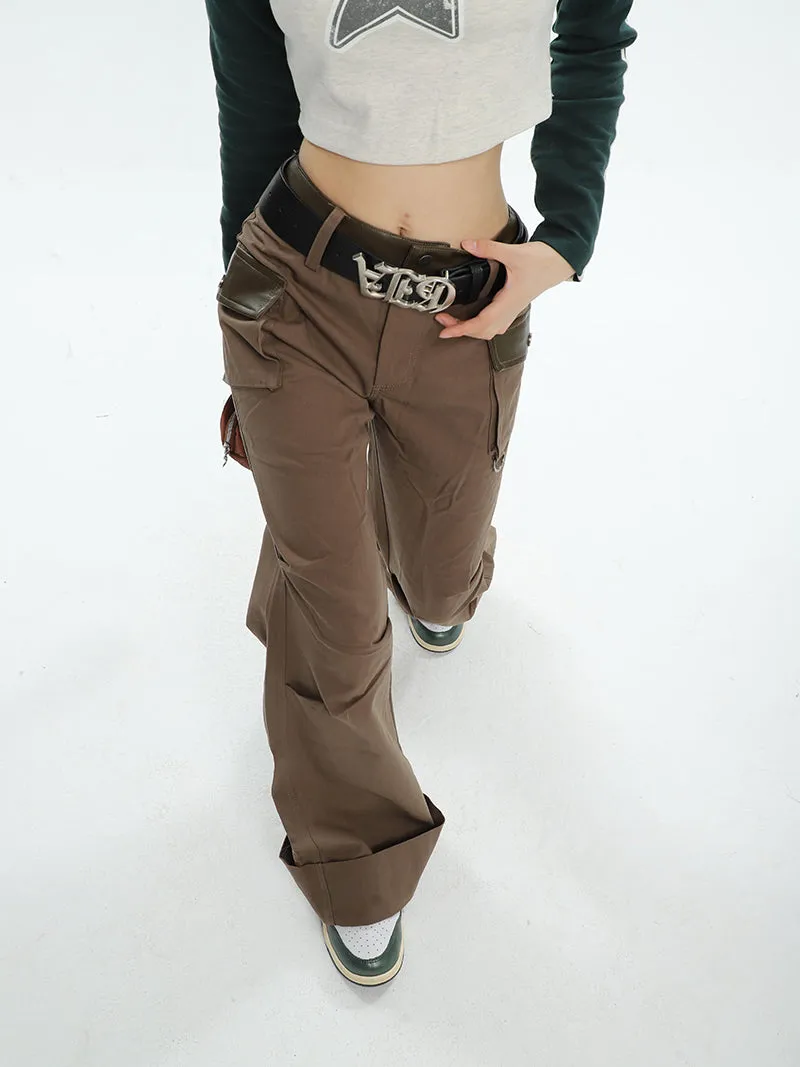 Brynn Solid Color Brown Multi Pocket Flare Pants