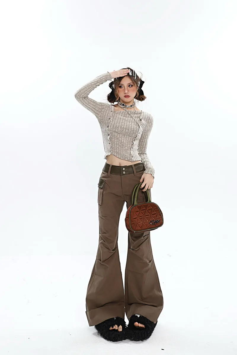 Brynn Solid Color Brown Multi Pocket Flare Pants