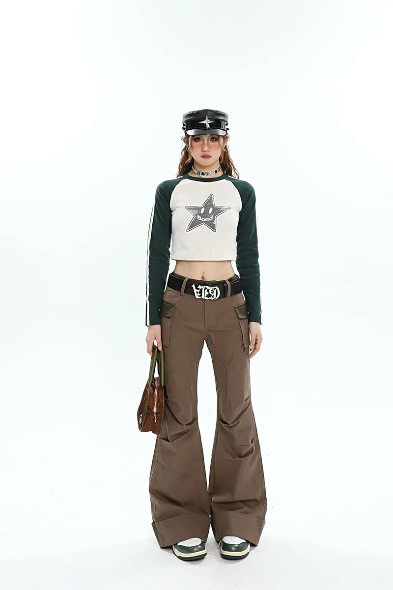 Brynn Solid Color Brown Multi Pocket Flare Pants