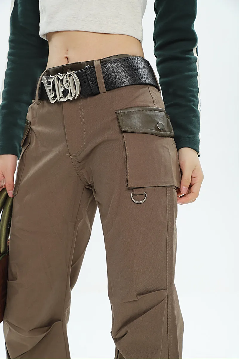 Brynn Solid Color Brown Multi Pocket Flare Pants