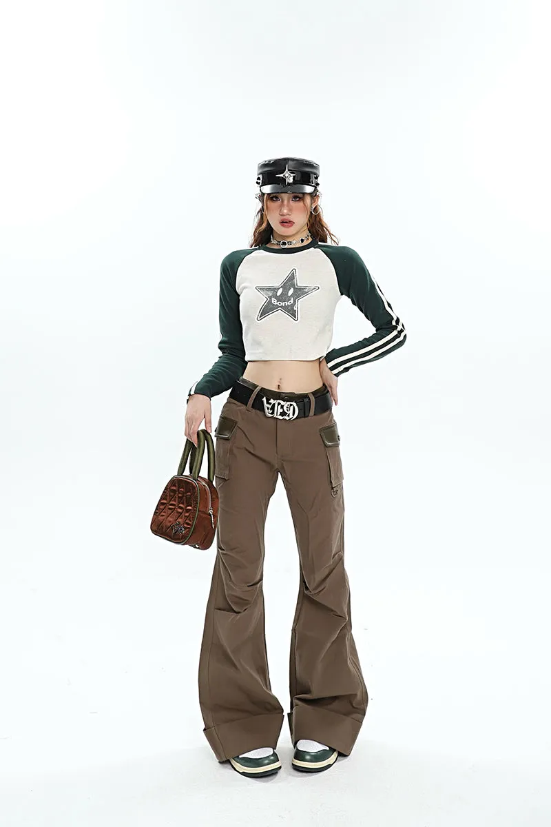 Brynn Solid Color Brown Multi Pocket Flare Pants