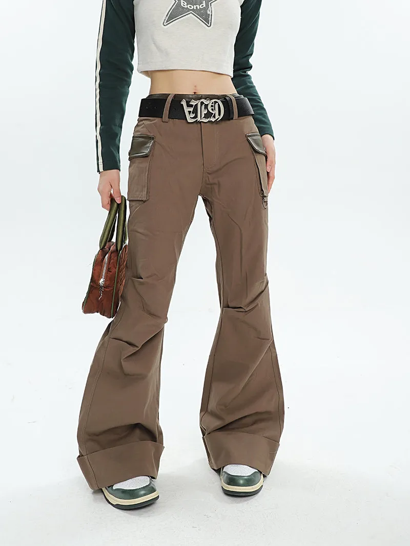 Brynn Solid Color Brown Multi Pocket Flare Pants