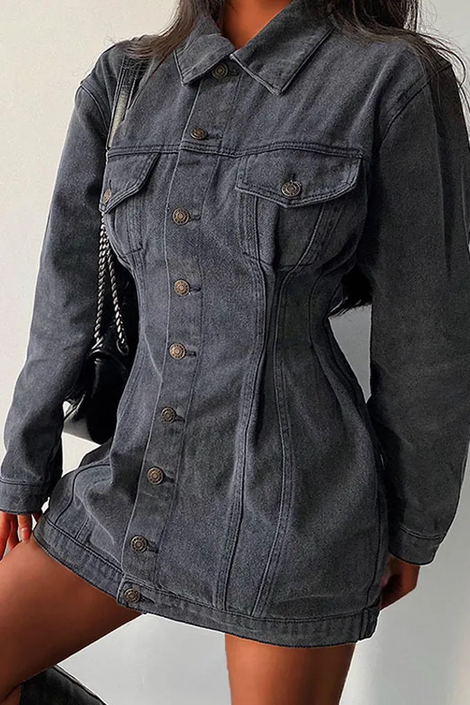 Button Down Empire Waist Long Denim Coat