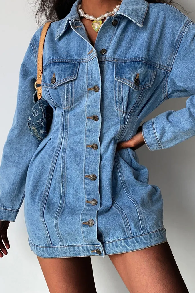 Button Down Empire Waist Long Denim Coat