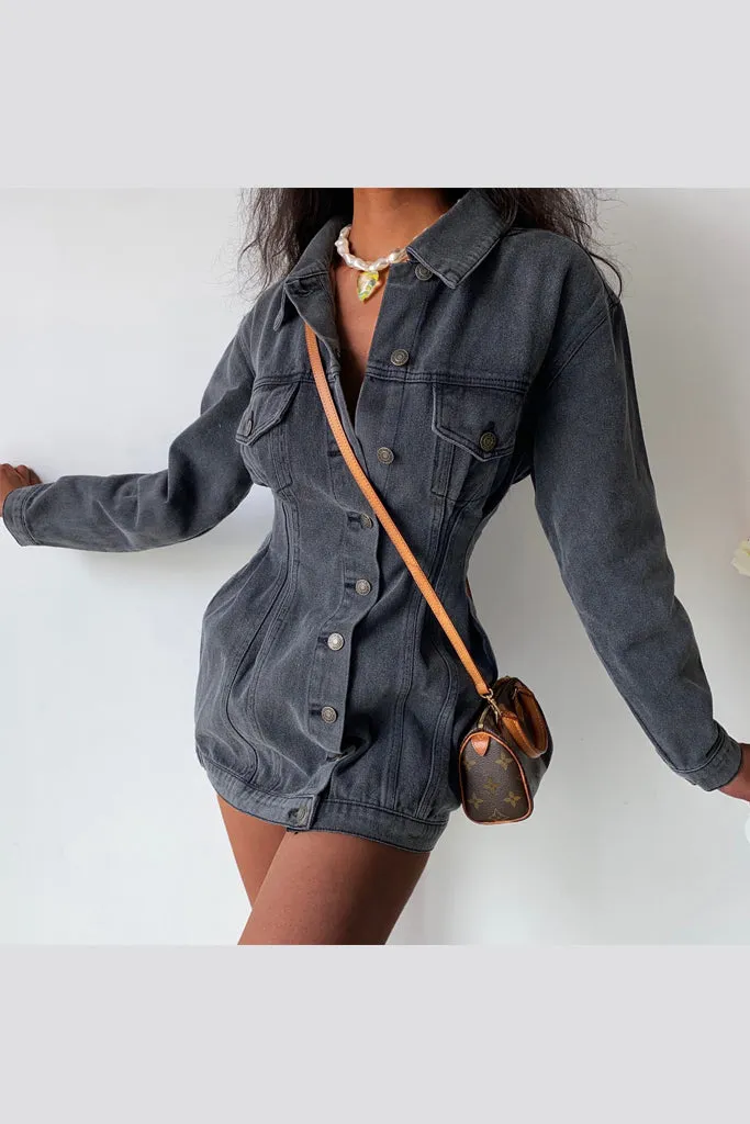 Button Down Empire Waist Long Denim Coat