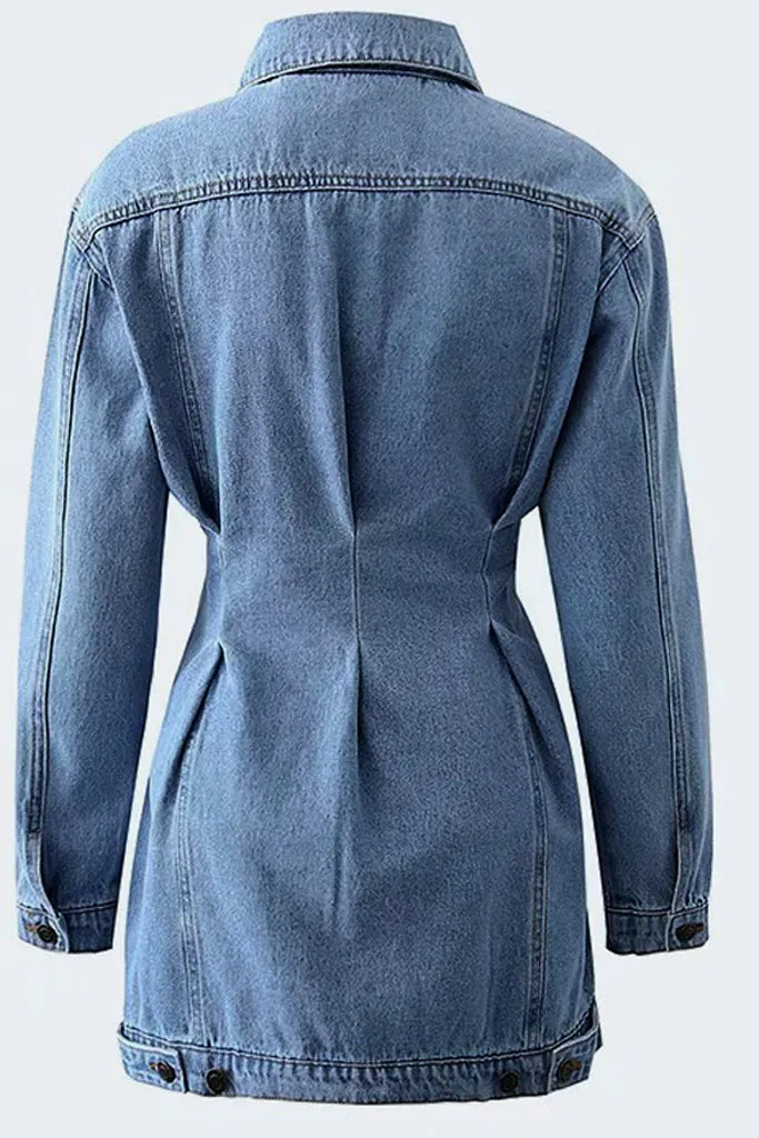Button Down Empire Waist Long Denim Coat