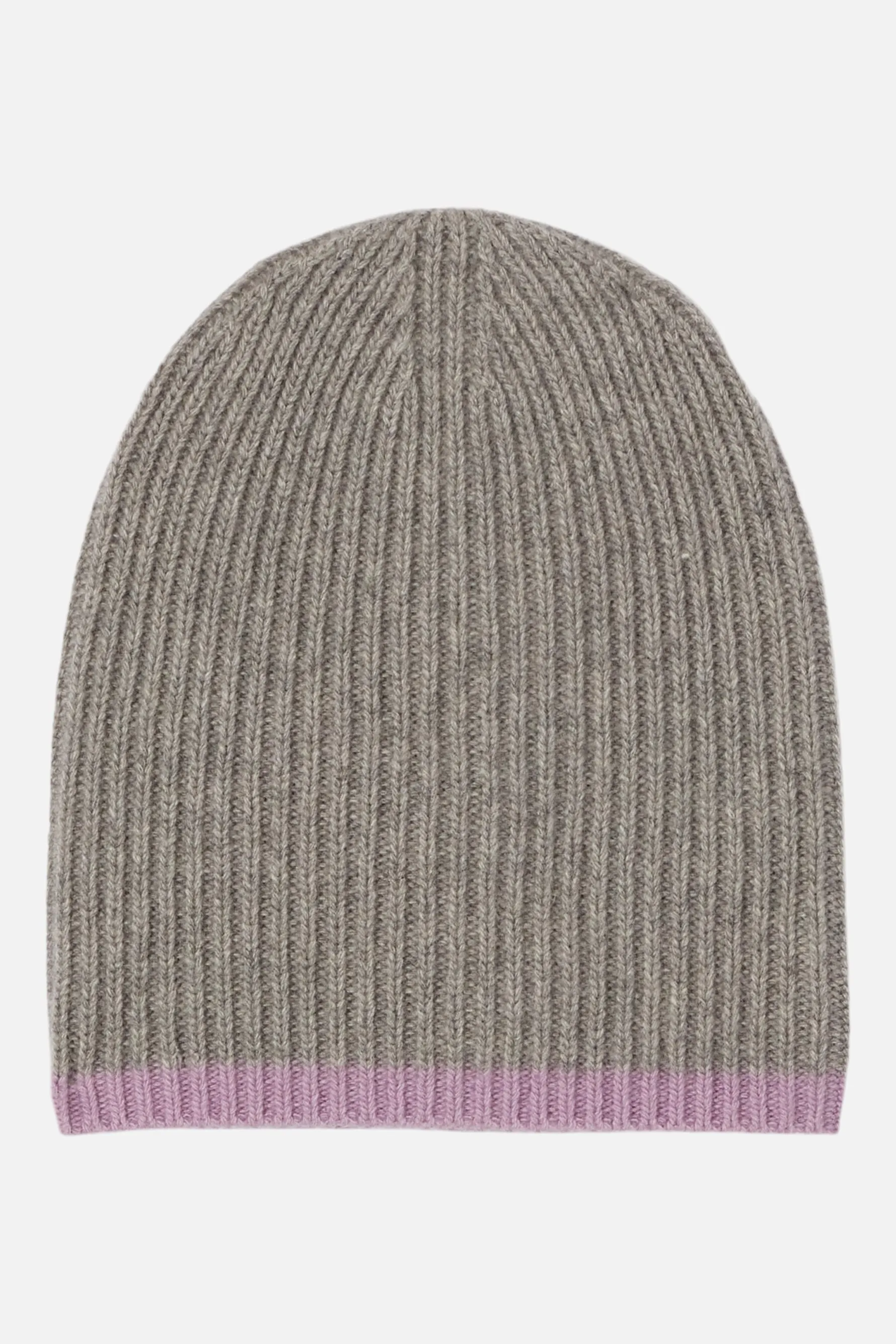Cashmere Long Ribbed Beanie with Contrast Trim - Light Heather Grey W. Lavander