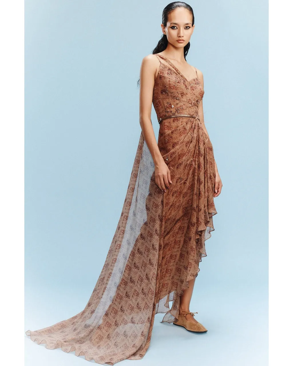 Chloe Chiffon Printed Draped Gown Set