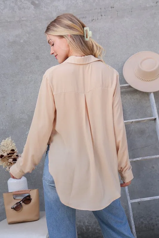 Classic Trendy Solid Long Sleeve Button Down Chiffon Blouse Shirt