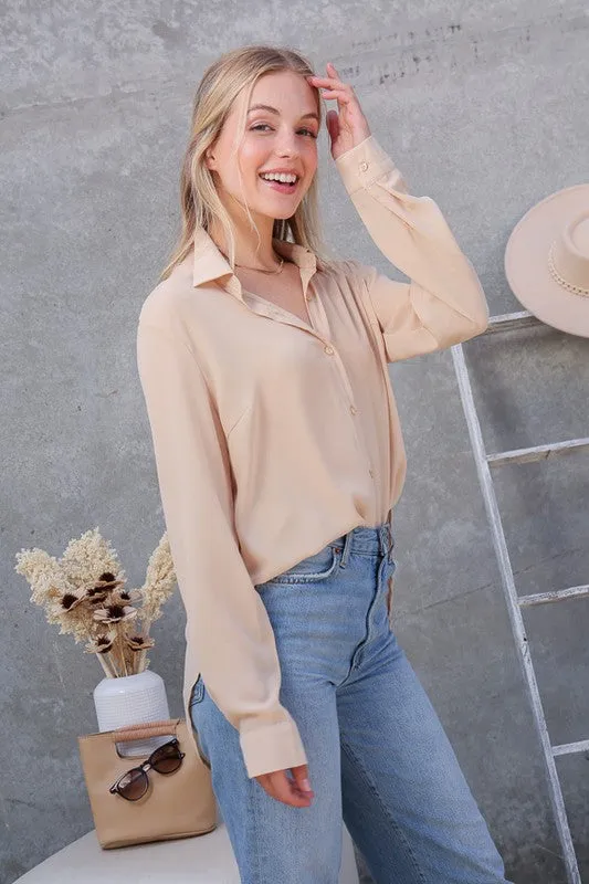 Classic Trendy Solid Long Sleeve Button Down Chiffon Blouse Shirt